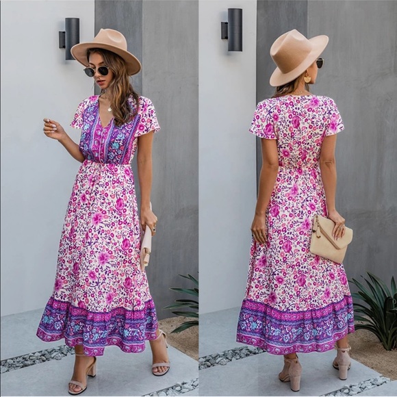 Girly Pink Boho Floral Gypsy Print Maxi Dress - Picture 3 of 11